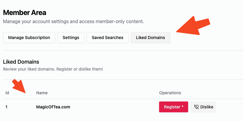 DroppedHub Account Page showing Liked Domains